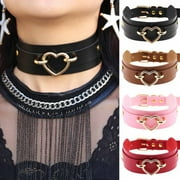 Jiaroswwei Punk Hip Pop Women Hearts Buckle Faux Leather Wide Choker Club Short Necklace